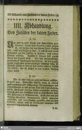 IIII. Abhandlung, Von Zufällen der kalten Fieber