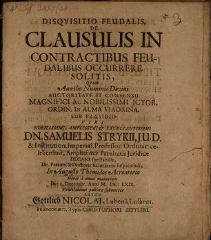 Disquisitio de clausulis in contractibus feudalibus occurrere solitis