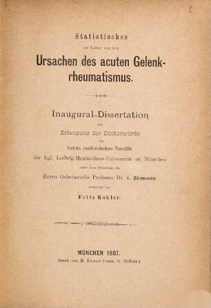 Statistisches zur Lehre von den Ursachen des acuten Gelenkrheumatismus : Inaug.-Diss.