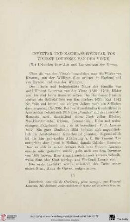 Inventar und Nachlass-Inventar von Vincent Lourensz van der Vinne