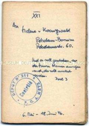 Tagebuch (Band 21) von Harald von Koenigswald über den Alltag im Kriegsgefangenenlager in Sarrebourg, u.a. über eine Bücherspende aus der Schweiz - Familienkonvolut