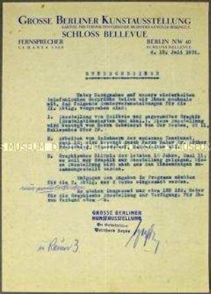 Durchschlag eines Rundschreibens des Kartells der Vereinigten Verbände Bildender Künstler Berlins zu mehreren Sonderveranstaltungen der Großen Berliner Kunstausstellung 1931 - Sachkonvolut