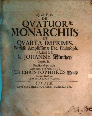 De Qvatuor Monarchiis Et Qvarta Imprimis