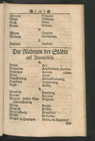 Die Nahmen der Städte auf Frantzösisch.