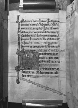 Psautier à l'usage de l'abbaye de Sainte-Elisabeth de Genlis — Initial D(ixi custodiam vias meas) mit David im Gespräch mit Gott, Folio fol. 66 v