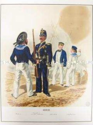 Uniformdarstellung, Matrose, Unteroffizier des See-Bataillons, See-Kadett und Schiffsjunge der Marine, Preußen, 1864. Tafel 44 aus: Schindler: Militair-Album.
