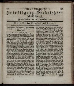 XLVII. Stück. Sonnabends : den 18. November 1780.