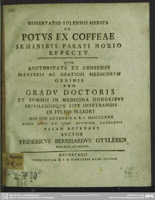 Dissertatio Solemnis Medica De Potus Ex Coffeae Seminibus Parati Noxio Effectu