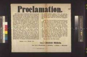Maueranschlag: Proklamation des preußischen Königs Friedrich Wilhelm IV. über die Verlegung der Nationalversammlung nach Brandenburg; Sanssouci, 11. November 1848
