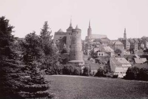 Bautzen, Stadtansicht : Bautzen. Blick über die Spree nach Nordosten gegen Michaeliskirche, Alte Wasserkunst und Dom St. Peter