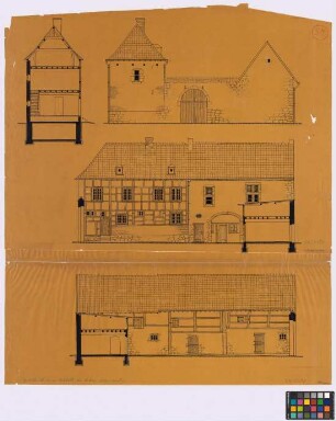 Hitfeld ([Stadtkreis] Aachen): Gehöft Nummer 36. - Stallgebäude (Hof-Ansicht). - Haupthaus (Schnitt, Hof-Ansicht). - Einfahrt (Ansicht)