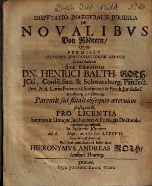 Disputatio Inauguralis Iuridica De Novalibus : = Von Rödtern