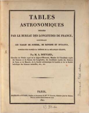 Tables astronomiques : de Jupiter Saturne et Uranus