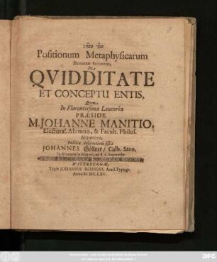 Positionum Metaphysicarum Denarius Secundus, De Quidditate Et Conceptu Entis