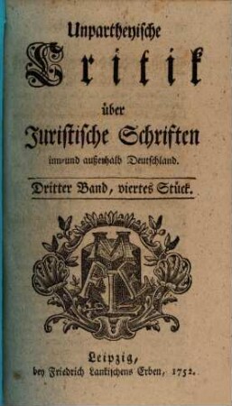 Unpartheyische Critick über Juristische Schriften inn- und ausserhalb Deutschland, 3,4
