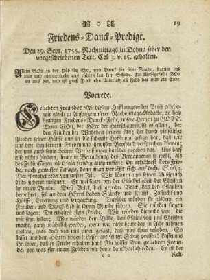 Friedens-Danck-Predigt. Den 29. Sept. 1755. Nachmittags in Dohna über den vorgeschriebenen Text, Col. 3. v. 15. gehalten