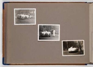 Albumseite mit Aufnahmen von einem Autorennen : Fotoalbum zum Rennsport in der DDR ab 1951. Kartoneinband mit Kordelbindung; 24,5 x 35 x 2 cm (1951). Dresden: SLUB/DF 2017.D.39