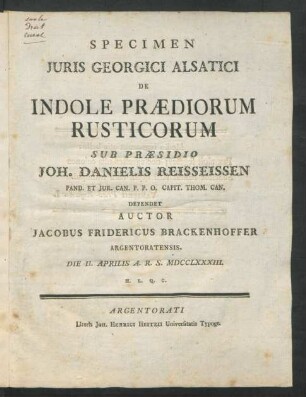 Specimen Iuris Georgici Alsatici De Indole Prædiorum Rusticorum