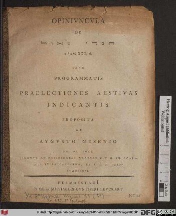 Opinivncvla De "heblēj še'ōl", 2. Sam. XXII,6. Loco Programmatis Praelectiones Aestivas Indicantis