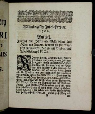 Wittenbergische Jubel-Predigt. 1702. Antritt.