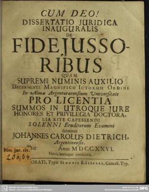 Dissertatio Iuridica Inauguralis De Fideiussoribus