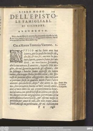 Libro Nono Dell' Epistole Famigliari. Di Cicerone. [A Varrone, Et Altri.]