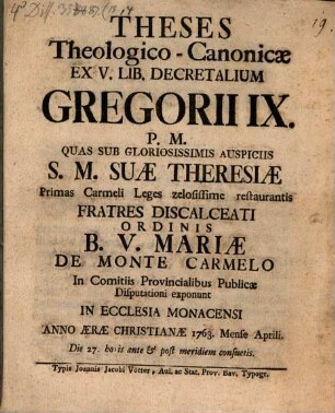 Theses theologico-canonicae ex V. lib. decretalium Gregorii IX.
