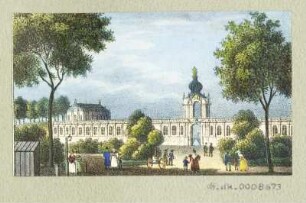 Der Zwiger in Dresden, Lithografie, um 1840 : [Ansicht vom Zwinger]. [S.l.], [um 1840]. - 1 Kunstbl. : Lithogr. ; 7,5 x 4,5 cm.