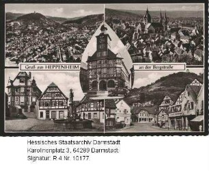Heppenheim an der Bergstraße, Panorama mit Einzelansichten / 1. Reihe v. l. n. r.: Gesamtansicht; Teilansicht mit Blick auf Kirche St. Peter / Mitte: Rathaus / 2. Reihe: Marktplatz, 2 Ansichten