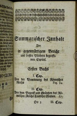 Summarischer Innhalt Der in gegenwärtigem Bericht und dessen Büchern begriffenen Capitel.