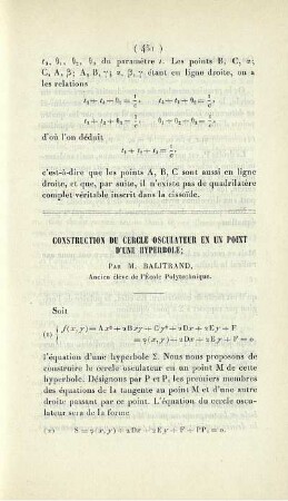 Construction du cercle osculateur en un point d'une hyperbole.