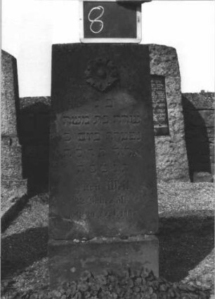 Grabstein 8 (Index: 100113942) Material: Sandstein Zustand: leicht verwittert Maße HxBxT: 110x45x20 cm Beschreibung: Stele, Sockel, obeliskenartiger Abschluß: Grabstein 8