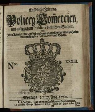 Nro. XXXIII, Montags, den 17. Aug. 1750