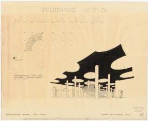 Zeughaus, Berlin Wiederaufbau: Grundriss Erdgeschoss 1:200, Perspektivische Ansicht des Innenraumes
