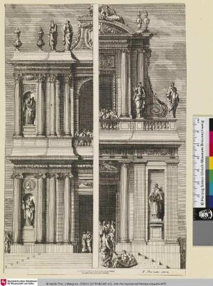 [Zwei Halbfassaden mit Skulpturen in Nischen, gekrönt mit einer liegenden weiblichen Skulptur; Deux demi-facades]