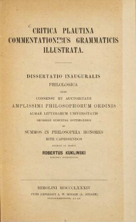 Critica Plautina commentationibus grammaticis illustrata