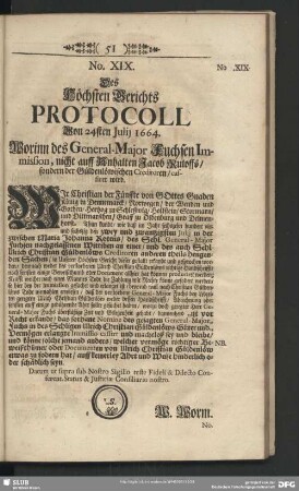 No. XIX. Des Höchsten Gerichts Protocoll Von 24sten Julij 1664