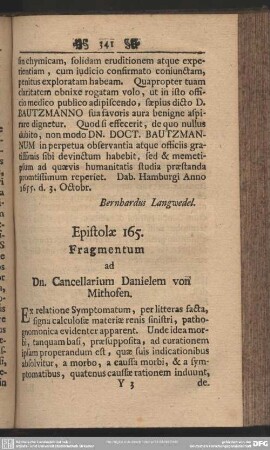 Epistola 165. Fragmentum ad Dn. Cancellarium Danielem von Mithofen