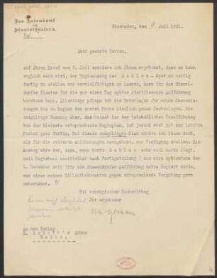 Brief an B. Schott's Söhne : 09.07.1921