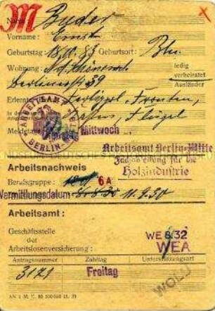 Nachweiskarte des Arbeitsamtes ("Stempelkarte")