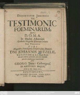 Dissertatio Iuridica De Testimonio Foeminarum