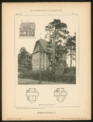 Villa Humboldtstraße, Berlin-Grunewald: Grundrisse, Ansichten (aus: Die Villenkolonie Grunewald, hrsg. von Egon Hessling, Berlin 1903)