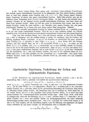 Algebraische Functionen, Umkehrung der Reihen und cyklometrische Functionen
