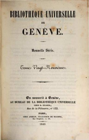 Bibliothèque universelle de Genève. 29/30. 1840