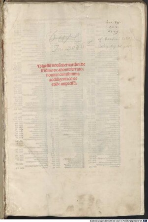 Corpus iuris civilis. Digestum novum : mit der Glossa ordinaria von Accursius Florentinus und Summaria von Bartolus de Saxoferrato und Paulos de Castro mit Ergänzungen von Hieronymus Clarius (?)
