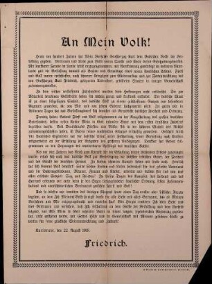 Aufruf Großherzog Friedrich II. von Baden: "An mein Volk!" (zur 100-Jahrfeier der Verfassung)