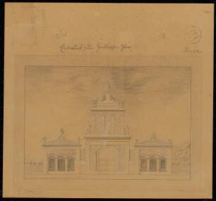 Hallesches Tor, Berlin Monatskonkurrenz Dezember 1831: Lageplanskizze, Aufriss; Maßstabsleiste