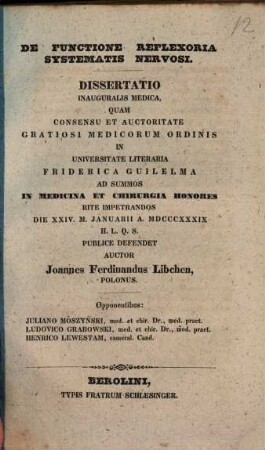 De functione reflexoria systematis nervosi : Diss. inaug. med.