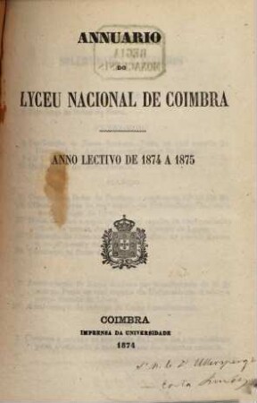 Annuario do Lyceu Nacional de Coimbra. 1874/75 (1874)
