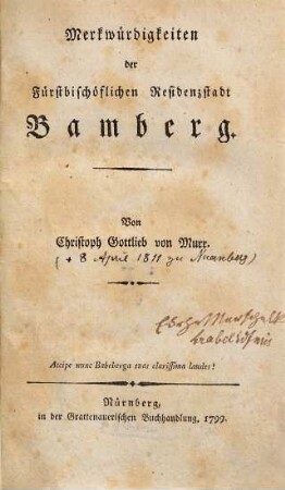 Merkwürdigkeiten der Fürstbischöflichen Residenzstadt Bamberg